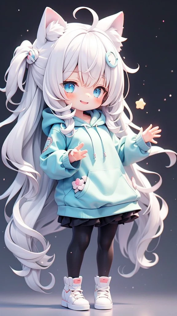 beautiful girl，Cat ear，Long white hair，Light blue eyes，cute, young, Black tights, Wearing an oversized hoodie，sleeping，Details，smile，Only 1 person，The background is a starry sky，beautiful girlのみ，Are standing，Raise your arms，No shoes，chibi