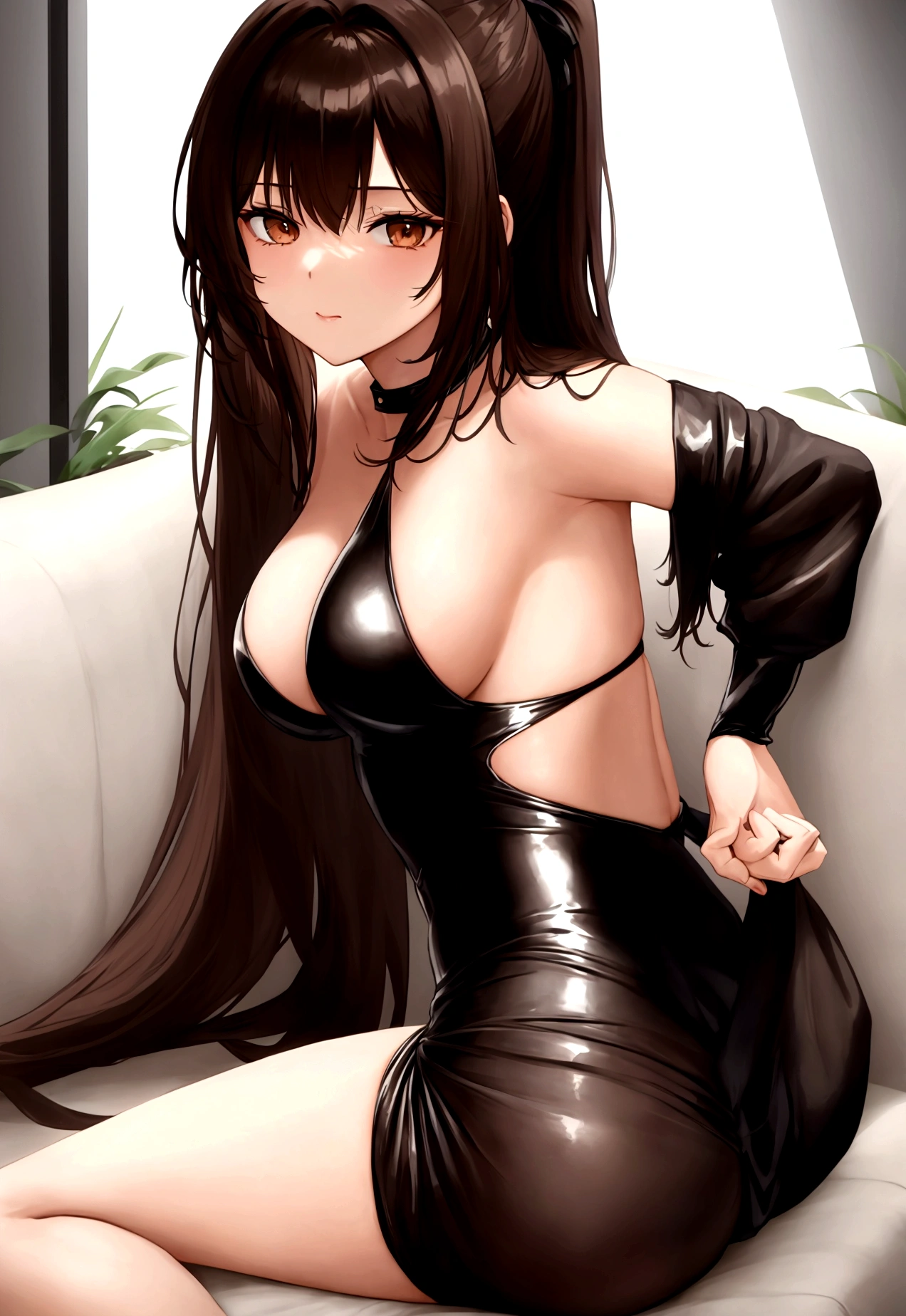 she has past shoulder length brown hair with bangs in a ponytail, brown eyes, very fair skin, she is beaultiful, lying on the sofa, black bunny suit, and ass