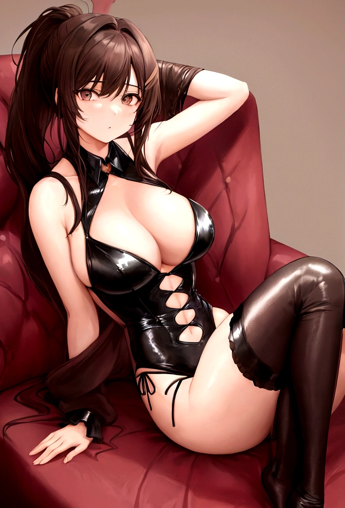 she has past shoulder length brown hair with bangs tied up in a ponytail, brown eyes, very fair skin, she is beaultiful, lying on the sofa, black bunny suit,  and ass