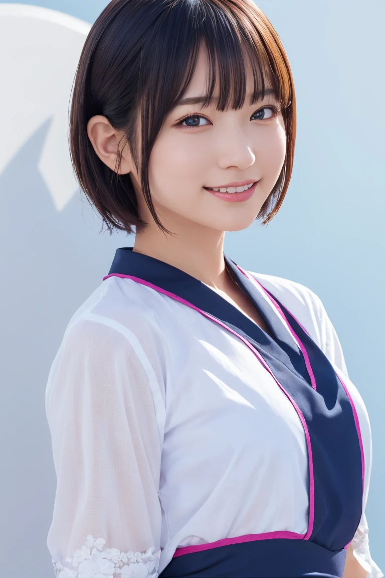 1 Girl, (Wearing colorful stage costumes:1.2), Very beautiful Japanese idol portraits, Face close-up, (RAW Photos, Highest quality), (Realistic, Realistic:1.4), (masterpiece), Very delicate and beautiful, Very detailed, 2k wallpaper, wonderful, finely, Very detailed CG Unity 8K wallpaper, Very detailed, High resolution, Soft Light, Beautiful detailed girl, Very detailed目と顔, Beautiful and sophisticated nose, Beautiful and beautiful eyes, Cinema Lighting, (Simple light color background:1.3), (short hair), (Bob), Complete Anatomy, Slender body, Small breasts, smile、In town