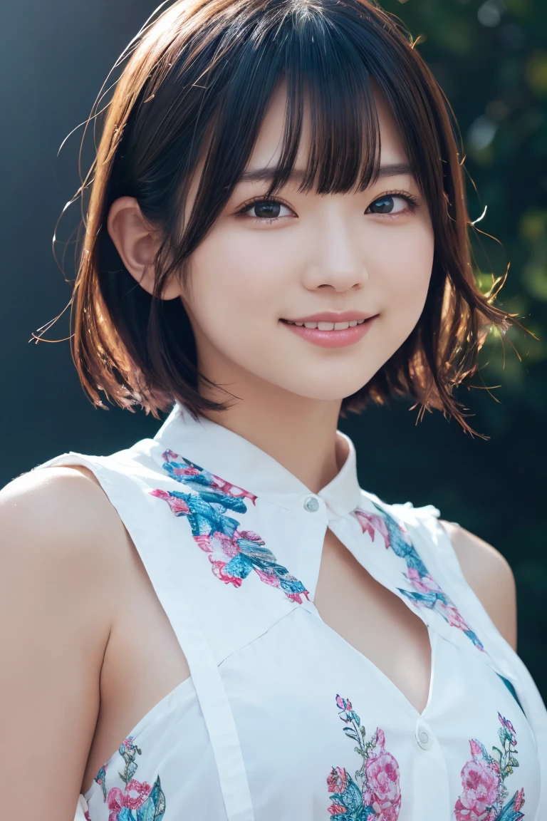 1 Girl, (Wearing colorful stage costumes:1.2), Very beautiful Japanese idol portraits, Face close-up, (RAW Photos, Highest quality), (Realistic, Realistic:1.4), (masterpiece), Very delicate and beautiful, Very detailed, 2k wallpaper, wonderful, finely, Very detailed CG Unity 8K wallpaper, Very detailed, High resolution, Soft Light, Beautiful detailed girl, Very detailed目と顔, Beautiful and sophisticated nose, Beautiful and beautiful eyes, Cinema Lighting, (Simple light color background:1.3), (short hair), (Bob), Complete Anatomy, Slender body, Small breasts, smile、In town