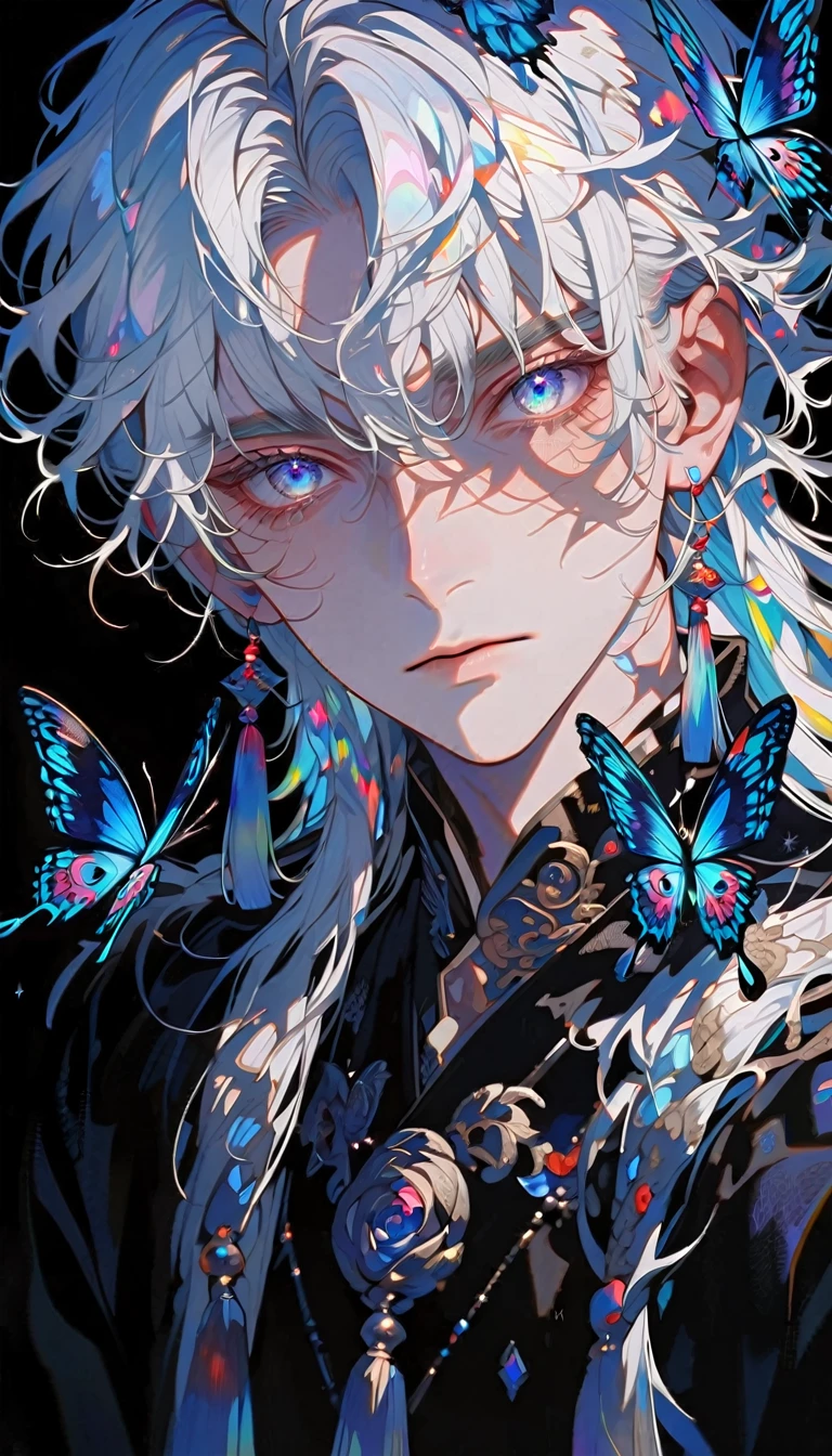 masterpiece, Male focus, 1 boy, solitary, White hair, tassel earrings, tassel, Jewelry, earrings, black background, blue eyes, Long hair, crystal, Butterfly, Upper Body, Colorful hair,Pearlescent Rose,Personal,The eyes are depicted in great detail