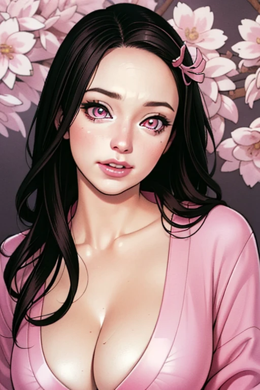 masterpiece, (pink kimono), seductive face, good lighting, cleavage, fine detail, masterpiece, glowing eyes, 1girl, black hair, sucking, nezuko kamado, wisteria background, masterpiece, best quality, pov,,