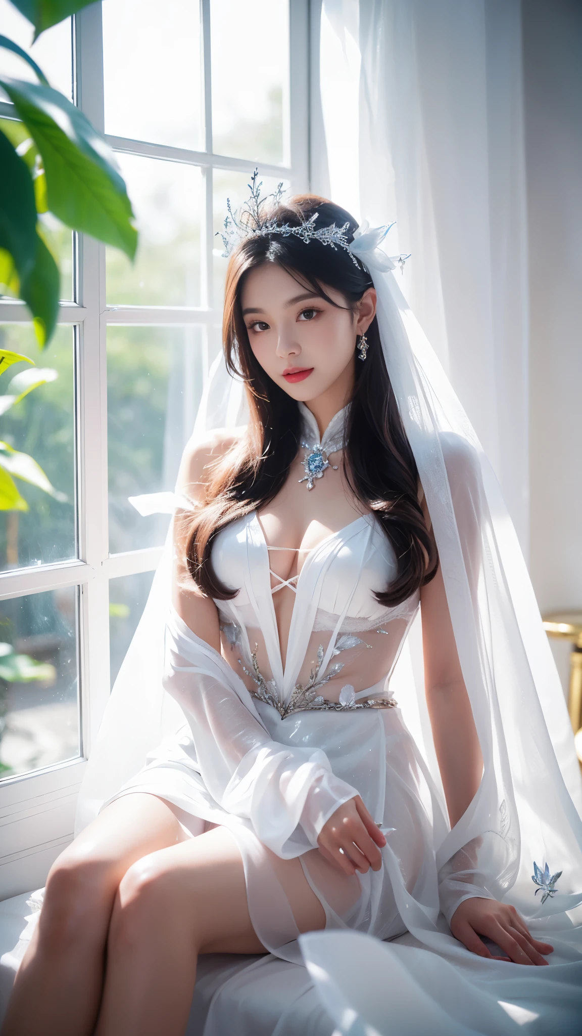 1girl, (beauty breast), (upper body), ((transparent dress)), (erotic_), indoor bedroom castle (blur background), (masterpiece), kim Yoo-jung, (aphrodite goddess), pretty young face (Russian) (Asian), adept art, very best quality detailed face:1.5, (8k HD graphic, (soft and chill light), best quality detailed ultra highres:1.2 dynamic lighting, artstation, winner photography, volumemetricslighting),