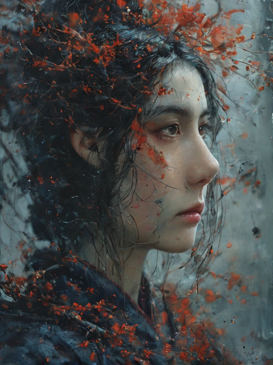 a broken feminine humanoid robot,At night, a light shone on her, dented, scratched, flaking peeling paint, in a abandoned interior room, mossy and fungus, once pretty,An artistic photograph,full body,(Remote shooting:1.4),closeup 50mm f/1.3,bailong plant girl, girl made of dead plants,a girl made of red plants,forest,plant,antlers