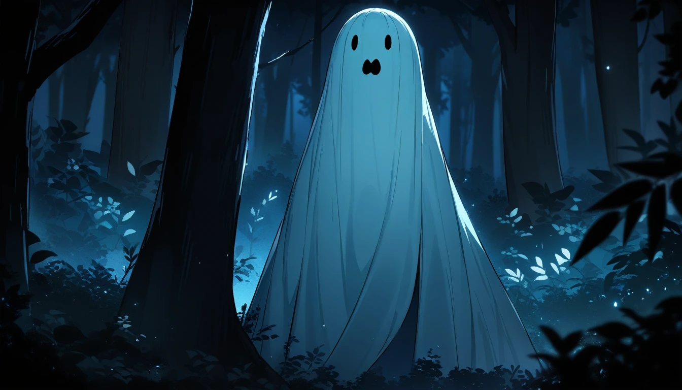 Late at night, in a dark forest, the ghost of a girl whose body is transparent is sneaking a peek from behind a tree deep in the forest, high quality, high detail, 4k.8k