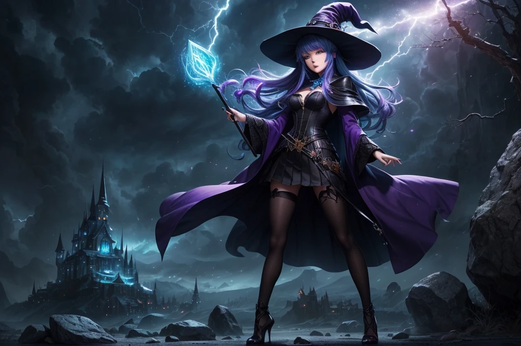 In the middle of so the storm on the stone field stand beatiful witch, she have a beautiful face with blue eyes shining purple lipstick and purple eye shadows, she have long blue hair with purple highlights, she dressed in black long coat short skirt high heels shoes and witch hat on her head , there is lighnings all around her, (ultra high quality fantasy art, anime fantasy style, masterpiece, ultra high quality character design, 8k quality anime art, realistic anime art, top quality wallpaper illustration, detailed ultra high quality accurate face, high quality design and accurate physic)