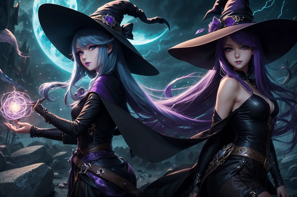 In the middle of so the storm on the stone field stand beatiful witch, she have a beautiful face with blue eyes shining purple lipstick and purple eye shadows, she have long blue hair with purple highlights, she dressed in black long coat short skirt high heels shoes and witch hat on her head , there is lighnings all around her, (ultra high quality fantasy art, anime fantasy style, masterpiece, ultra high quality character design, 8k quality anime art, realistic anime art, top quality wallpaper illustration, detailed ultra high quality accurate face, high quality design and accurate physic)