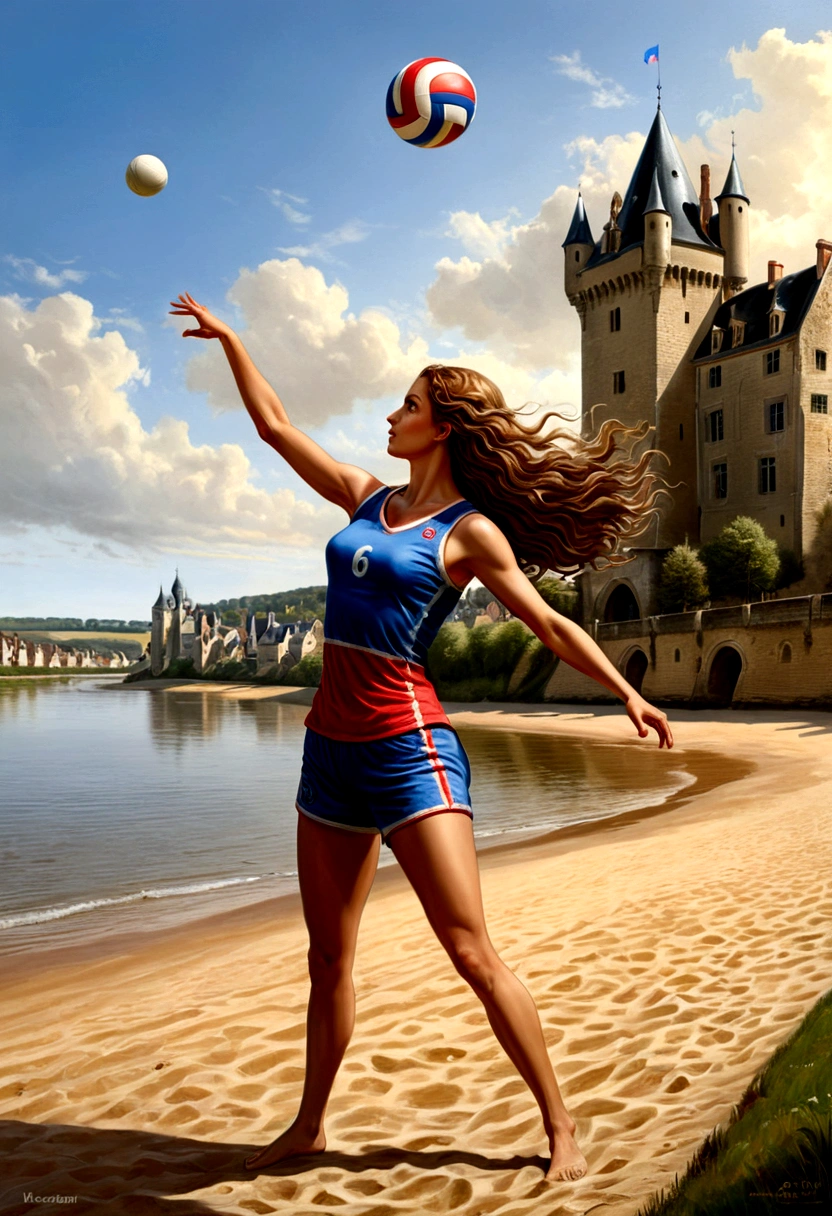 a masterful digital art painting of long woman playing volley ball on an on coast of the Loir river, an extraordinary beautiful renaissance woman, long hair, wavy hair, dynamic hair color, dynamic eye color, playing volley ball in a beautiful beach on the Loir river, best detailed face, a French medieval castle on the river bank in the background, Ultra-high resolution, High Contrast, (masterpiece:1.5), highest quality, Best aesthetics), best details, best quality, highres, 16k, [ultra detailed], masterpiece, best quality, (extremely detailed), Intense gaze, digital painting,