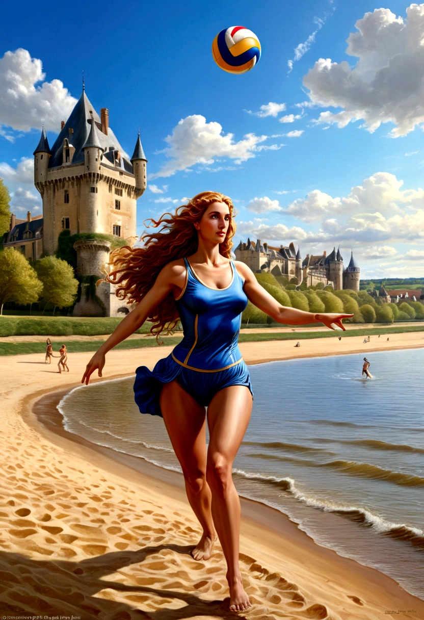 a masterful digital art painting of long woman playing volley ball on an on coast of the Loir river, an extraordinary beautiful renaissance woman, long hair, wavy hair, dynamic hair color, dynamic eye color, playing volley ball in a beautiful beach on the Loir river, best detailed face, a French medieval castle on the river bank in the background, Ultra-high resolution, High Contrast, (masterpiece:1.5), highest quality, Best aesthetics), best details, best quality, highres, 16k, [ultra detailed], masterpiece, best quality, (extremely detailed), Intense gaze, digital painting,