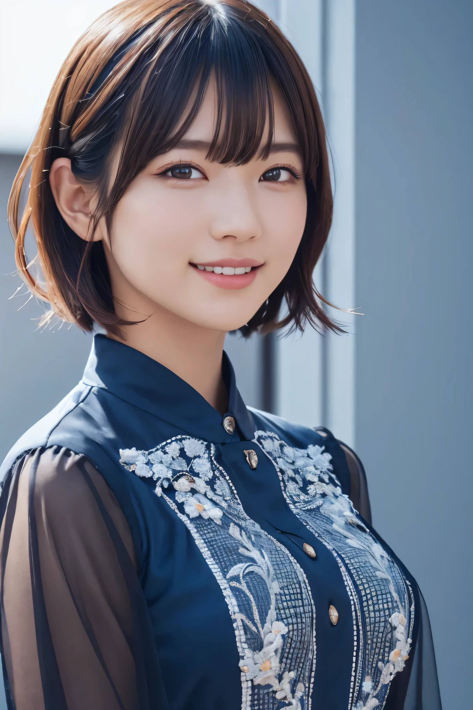 1 Girl, (Wearing colorful stage costumes:1.2), Very beautiful Japanese idol portraits, Face close-up, (RAW Photos, Highest quality), (Realistic, Realistic:1.4), (masterpiece), Very delicate and beautiful, Very detailed, 2k wallpaper, wonderful, finely, Very detailed CG Unity 8K wallpaper, Very detailed, High resolution, Soft Light, Beautiful detailed girl, Very detailed目と顔, Beautiful and sophisticated nose, Beautiful and beautiful eyes, Cinema Lighting, (Simple light color background:1.3), (short hair), (Bob), Complete Anatomy, Slender body, Small breasts, smile、In town