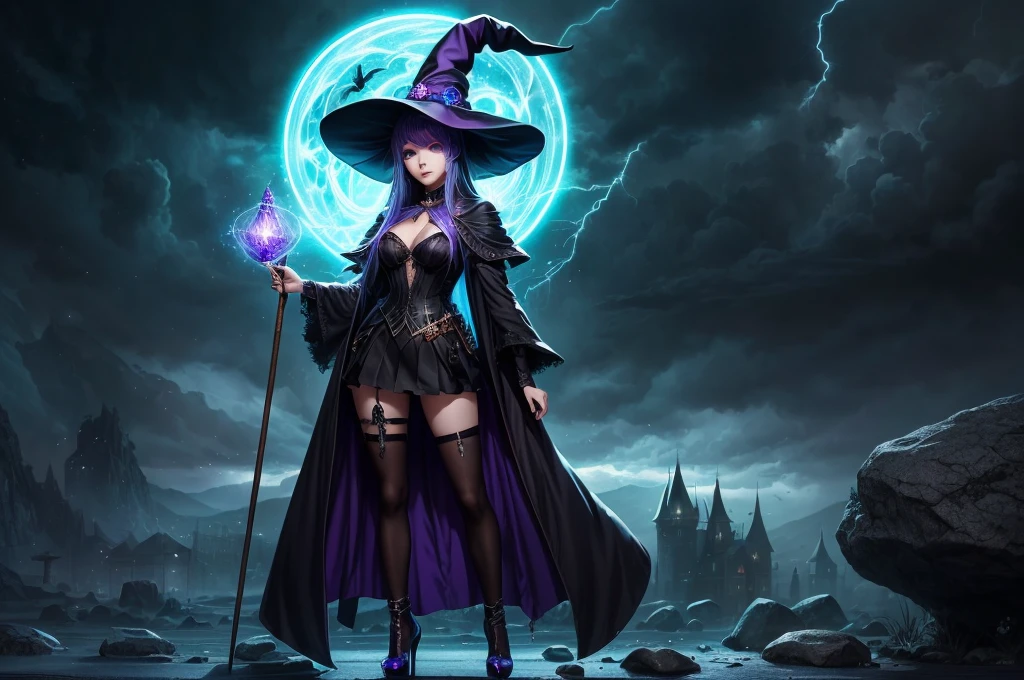 In the middle of so the storm on the stone field stand beatiful witch, she have a beautiful face with blue eyes shining purple lipstick and purple eye shadows, she have long blue hair with purple highlights, she dressed in black long coat short skirt high heels shoes and witch hat on her head , there is lighnings all around her, (ultra high quality fantasy art, anime fantasy style, masterpiece, ultra high quality character design, 8k quality anime art, realistic anime art, top quality wallpaper illustration, detailed ultra high quality accurate face, high quality design and accurate physic)
