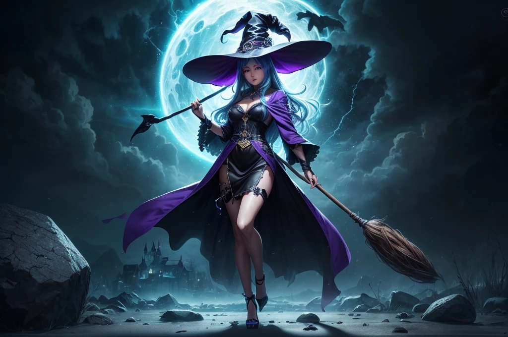 In the middle of so the storm on the stone field stand beatiful witch, she have a beautiful face with blue eyes shining purple lipstick and purple eye shadows, she have long blue hair with purple highlights, she dressed in black long coat short skirt high heels shoes and witch hat on her head , there is lighnings all around her, (ultra high quality fantasy art, anime fantasy style, masterpiece, ultra high quality character design, 8k quality anime art, realistic anime art, top quality wallpaper illustration, detailed ultra high quality accurate face, high quality design and accurate physic)
