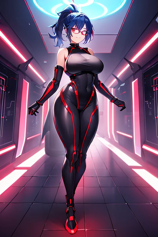 1girl, red eyes, blue hair, very short hair, ponytail, large breasts, hourglass figure, bodysuit, black bodysuit, neon, neon trim, machinery, tech, science-fiction, red glasses, futuristic, smile, standing, full body, ((full body)), shoulder armor