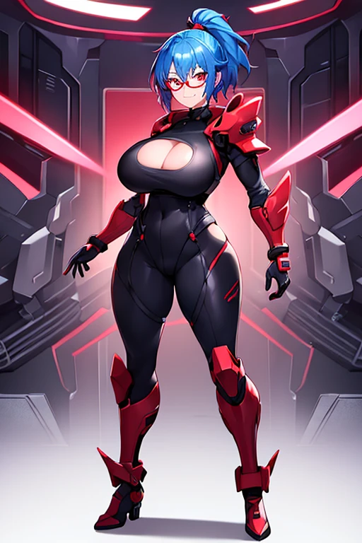1girl, red eyes, blue hair, very short hair, ponytail, large breasts, hourglass figure, bodysuit, black bodysuit, neon, neon trim, machinery, tech, science-fiction, red glasses, futuristic, smile, standing, full body, ((full body)), shoulder armor