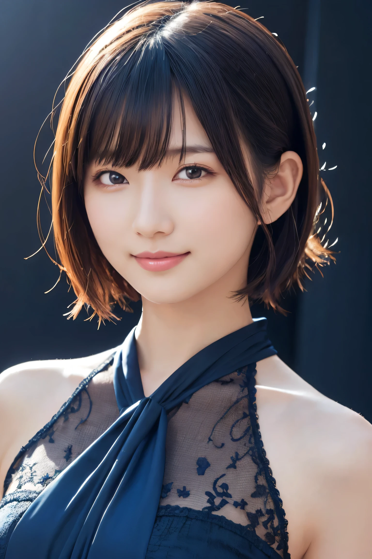 1 Girl, (Wearing colorful stage costumes:1.2), Very beautiful Japanese idol portraits, Face close-up, (RAW Photos, Highest quality), (Realistic, Realistic:1.4), (masterpiece), Very delicate and beautiful, Very detailed, 2k wallpaper, wonderful, finely, Very detailed CG Unity 8K wallpaper, Very detailed, High resolution, Soft Light, Beautiful detailed girl, Very detailed目と顔, Beautiful and sophisticated nose, Beautiful and beautiful eyes, Cinema Lighting, (Simple light color background:1.3), (short hair), (Bob), Complete Anatomy, Slender body, Small breasts, smile、In town