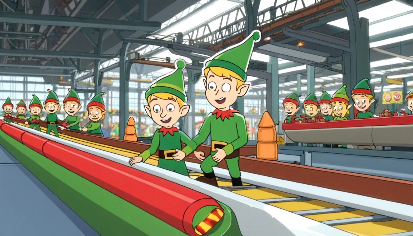 Toy factory,Christmas themed, conveyor belt, working elves.