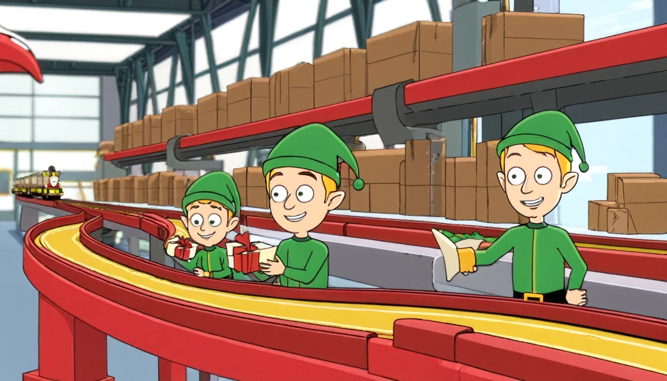 Toy factory,Christmas themed, conveyor belt, working elves.