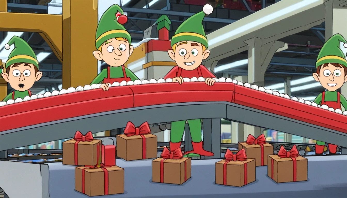 Toy factory,Christmas themed, conveyor belt, working elves.