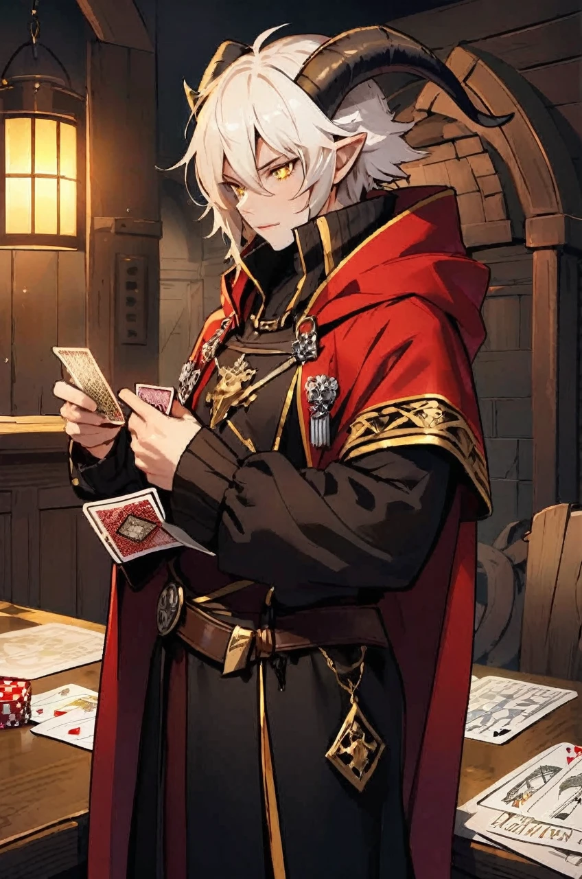 Satyr, medieval clothing, red cloak, yellow eyes, bristle, black horns, holding playing cards
