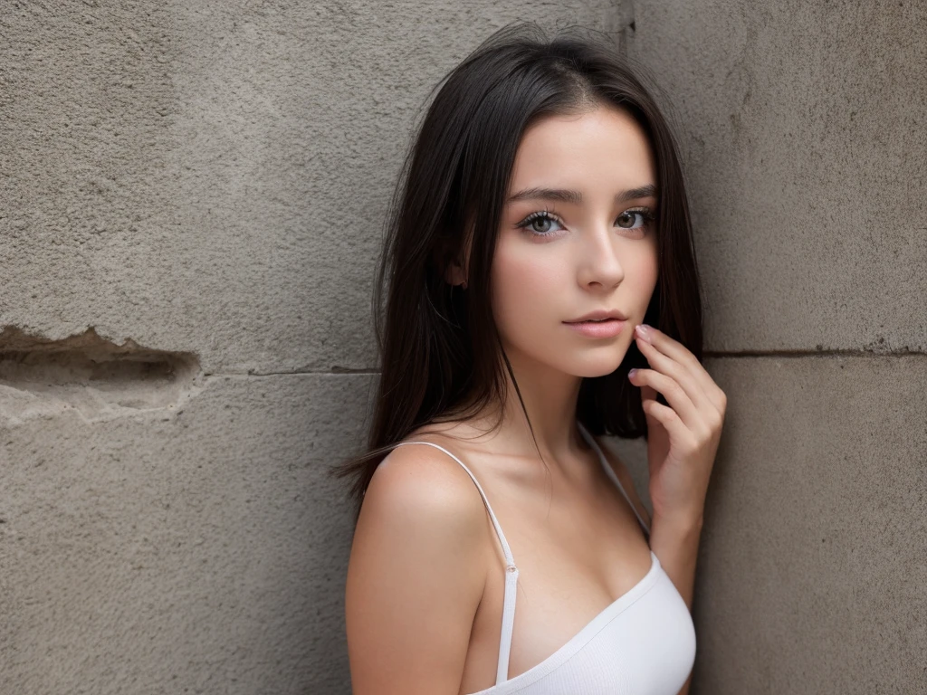 fille de 20 ans, brune, yeux clairs, très mignonne, qui est contre un mur blanc, haut noir, jupe noir