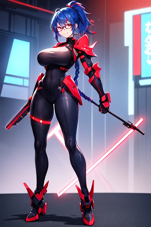 1girl, red eyes, blue hair, very short hair, ponytail, large breasts, hourglass figure, bodysuit, black bodysuit, neon, neon trim, machinery, tech, science-fiction, red glasses, futuristic, smile, standing, full body, ((full body)), shoulder armor, long ponytail, braided bonytail, braid, single braid