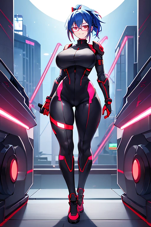 1girl, red eyes, blue hair, very short hair, ponytail, large breasts, hourglass figure, bodysuit, black bodysuit, neon, neon trim, machinery, tech, science-fiction, red glasses, futuristic, smile, standing, full body, ((full body)), shoulder armor, long ponytail, braided bonytail, braid, single braid