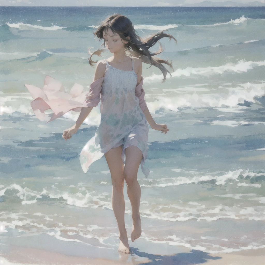 Tranquil voyager girl, in watercolor style, Photorealism, discreet pink and mint shades, barefoot