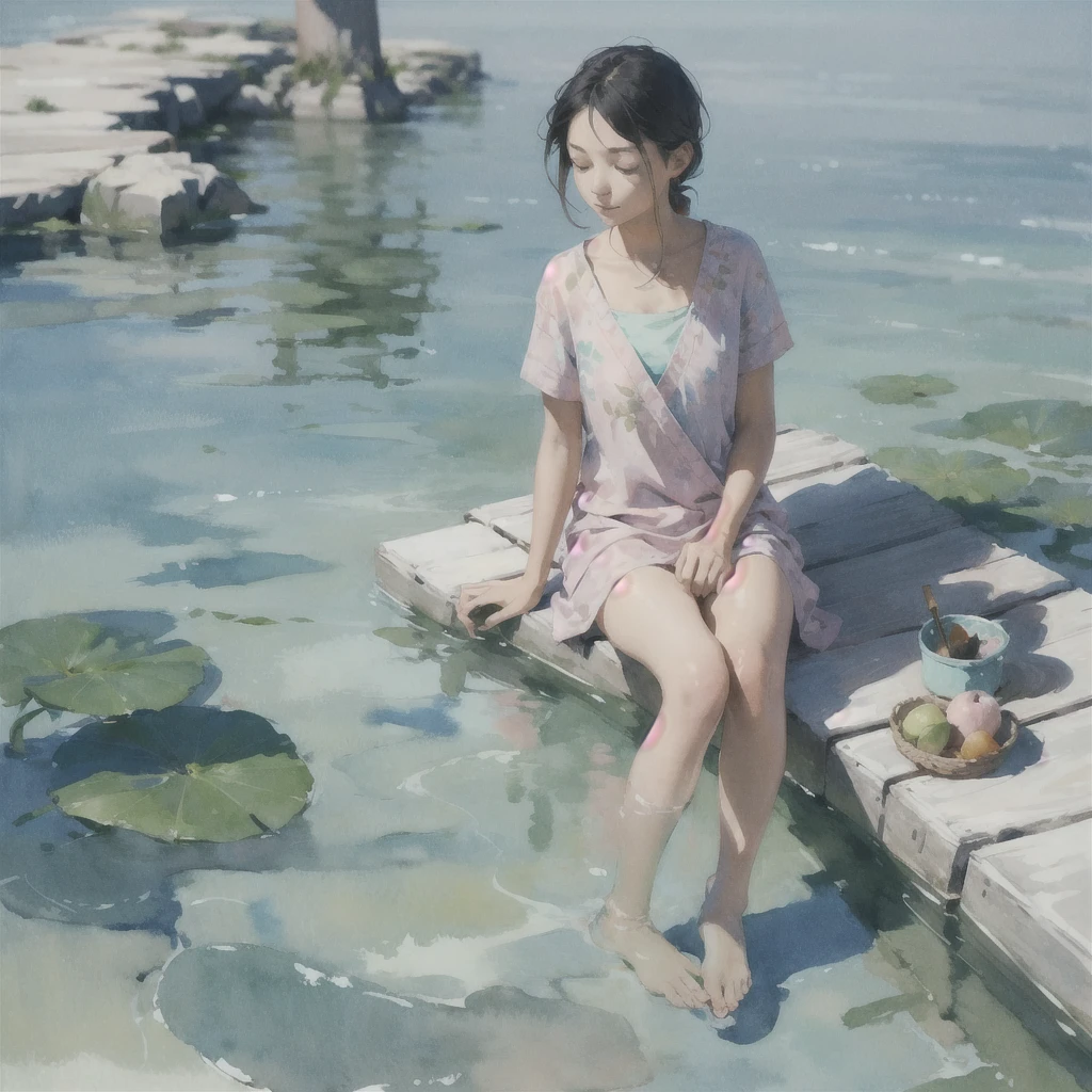 Tranquil voyager girl, in watercolor style, Photorealism, discreet pink and mint shades, barefoot