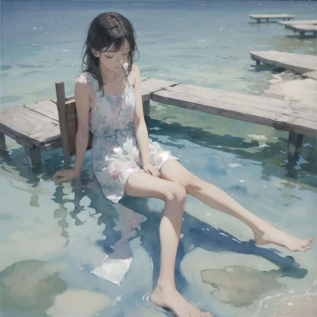 Tranquil voyager girl, in watercolor style, Photorealism, discreet pink and mint shades, barefoot