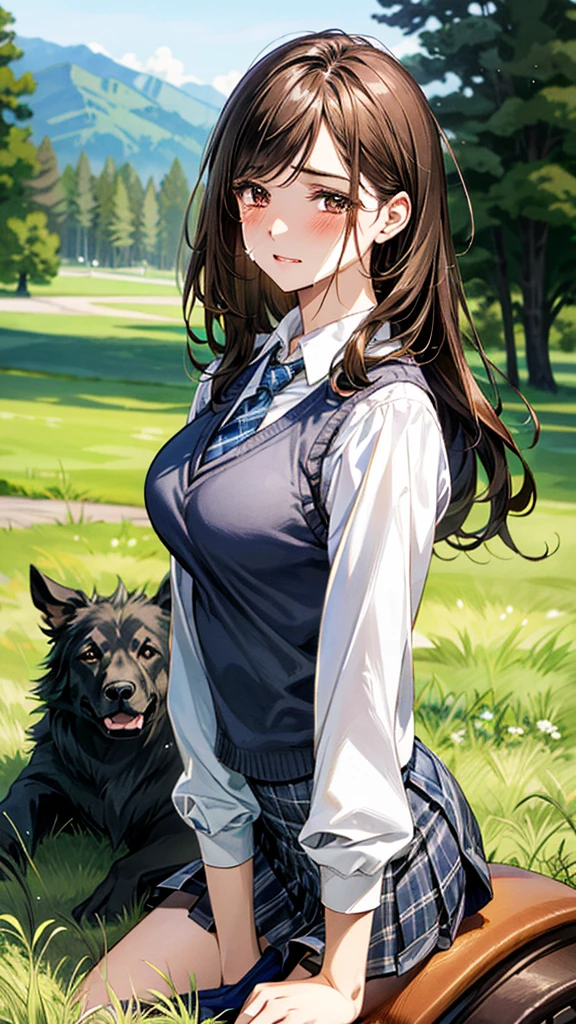 (masterpiece:1.3, top-quality), ultra high res, ultra detailed, (realistic, photorealistic:1.4), beautiful illustration, perfect lighting, colorful, depth of fields, 
looking at viewer, (face focus, upper body), 1 girl, solo, hight school girl, gravure model, (large breasts:0.8, large ass, seductive thighs, skindentation),
(long hair:1.2, straight hair:1.2, (saddle-brown colored) hair), swept bangs, (brown) eyes, drooping eyes, big eyes, shiny skin, slender, 
beautiful hair, beautiful face, extremely detailed face, beautiful detailed eyes, beautiful clavicle, beautiful body, beautiful chest, beautiful thigh, beautiful legs, beautiful fingers, 
(detailed cloth texture, (navy knit vest), grey plaid tie, collared long sleeve white shirt, grey plaid pleated skirt), black socks, white panties, 
(beautiful scenery), In the grass of a meadow, a girl is on all fours and a large dog is holding her from behind on her back.
Her face is bright red, her eyes are closed, her mouth is open, and she is crying.
She is wearing a very short skirt.