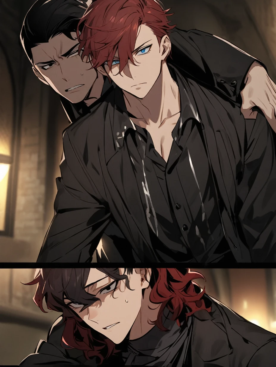 Man and a boy together . man (dark red hair , black eyes , short hair , mafia clothes ) fuck a Boy (black hair, wavy hair, short hair, blue eyes, dark clothes), dark hall