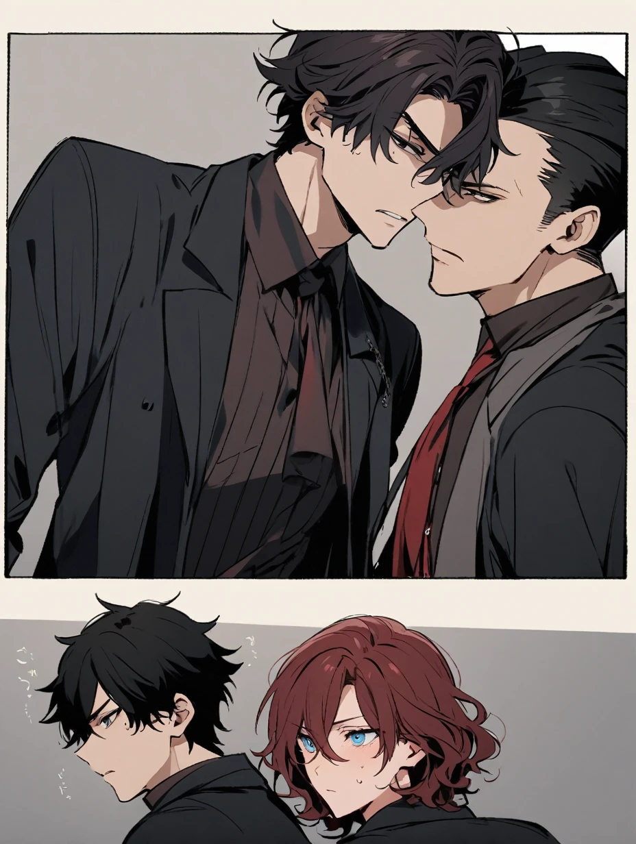 Man and a boy together . man (dark red hair , black eyes , short hair , mafia clothes ) fuck a Boy (black hair, wavy hair, short hair, blue eyes, dark clothes), dark hall