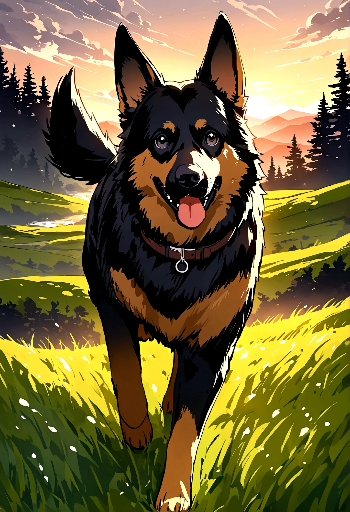 German shepherd comes running over grass and in the background the most beautiful landscape that exists with a boreal aura
