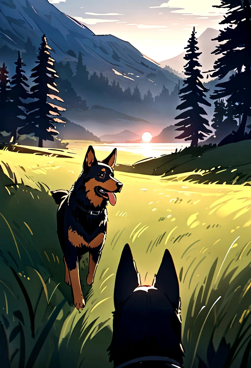 German shepherd comes running over grass and in the background the most beautiful landscape that exists with a boreal aura