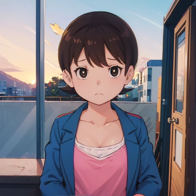 (((masterpiece))), ShizukaMikazuki, 1girl, solo, looking at viewer, short hair, brown hair, long sleeves, cleavage, medium breasts, closed mouth, collarbone, jacket, open clothes, open jacket, blue jacket, ground vehicle, sports bra, bicycle,