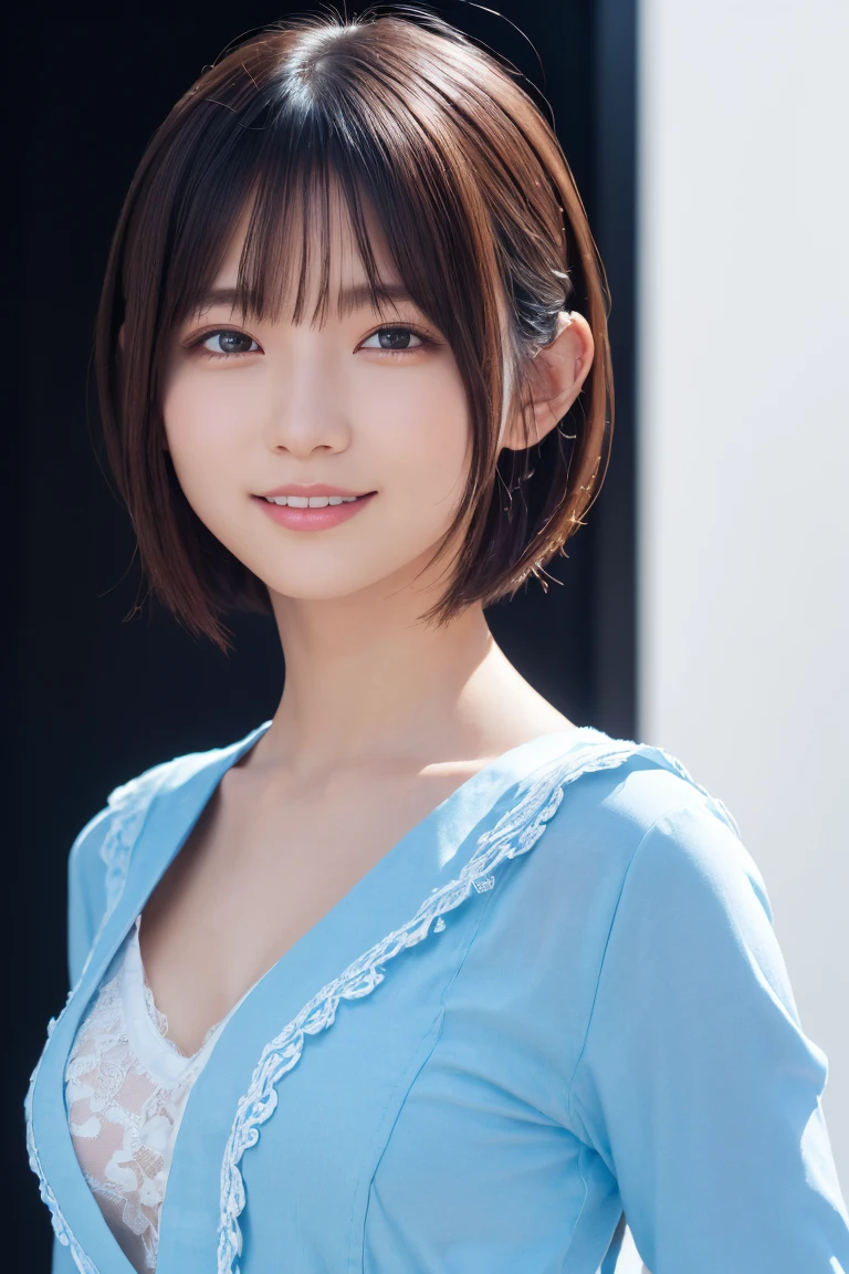1 Girl, (Wearing colorful stage costumes:1.2), Very beautiful Japanese idol portraits, Face close-up, (RAW Photos, Highest quality), (Realistic, Realistic:1.4), (masterpiece), Very delicate and beautiful, Very detailed, 2k wallpaper, wonderful, finely, Very detailed CG Unity 8K wallpaper, Very detailed, High resolution, Soft Light, Beautiful detailed girl, Very detailed目と顔, Beautiful and sophisticated nose, Beautiful and beautiful eyes, Cinema Lighting, (Simple light color background:1.3), (short hair), (Bob), Complete Anatomy, Slender body, Small breasts, smile、In town