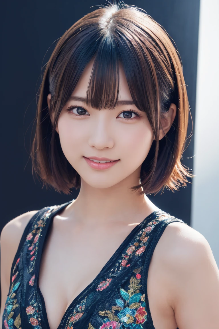 1 Girl, (Wearing colorful stage costumes:1.2), Very beautiful Japanese idol portraits, Face close-up, (RAW Photos, Highest quality), (Realistic, Realistic:1.4), (masterpiece), Very delicate and beautiful, Very detailed, 2k wallpaper, wonderful, finely, Very detailed CG Unity 8K wallpaper, Very detailed, High resolution, Soft Light, Beautiful detailed girl, Very detailed目と顔, Beautiful and sophisticated nose, Beautiful and beautiful eyes, Cinema Lighting, (Simple light color background:1.3), (short hair), (Bob), Complete Anatomy, Slender body, Small breasts, smile、In town