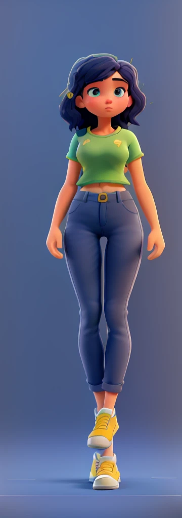 an illustration of a 22-year-old girl in Pixar-inspired 3D style/Disney. She has short, wavy navy blue hair., is wearing a green t-shirt, blue pants and yellow sneakers. The illustration must be highly detailed and show the character's entire body.