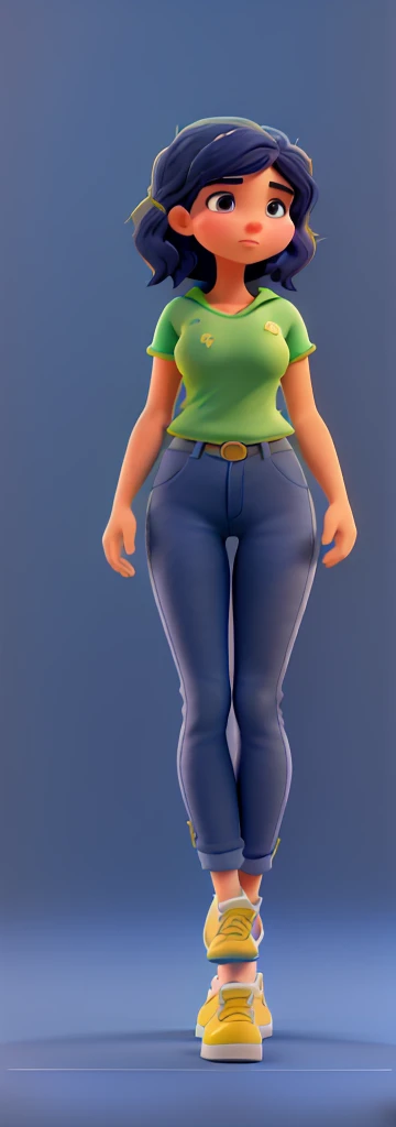 an illustration of a 22-year-old girl in Pixar-inspired 3D style/Disney. She has short, wavy navy blue hair., is wearing a green t-shirt, blue pants and yellow sneakers. The illustration must be highly detailed and show the character's entire body.