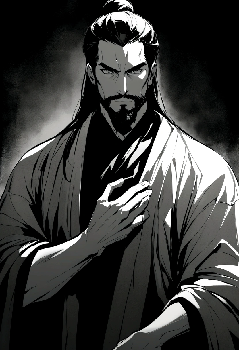 Create an image of a 35-year-old Latino man with a long Spartan-style beard. The beard is dense, well-groomed, and extends down his chest, giving him a rugged and imposing appearance. He has long, straight hair tied back in a samurai-style bun, adding to the edgy rock vibe. His jawline is strong and angular, with pronounced lines. His eyes are deep and expressive, with thick eyebrows adding intensity to his gaze. His skin is slightly tanned, reflecting his Latino heritage.

He is dressed in a long black shirt, exuding a rock 'n' roll aesthetic. The scene is entirely in black and white, creating a stark, dramatic effect. The man is positioned in the background, completely hidden in the shadows, with only faint outlines and subtle highlights hinting at his presence and attire.

The background is softly blurred with muted tones, emphasizing the dark and brooding presence of the figure. The minimal, dramatic lighting casts deep shadows that obscure most of his features, contributing to a haunting and atmospheric rock 'n' roll feel. Ensure the overall image maintains a monochromatic black and white palette to enhance the intense and mysterious atmosphere.