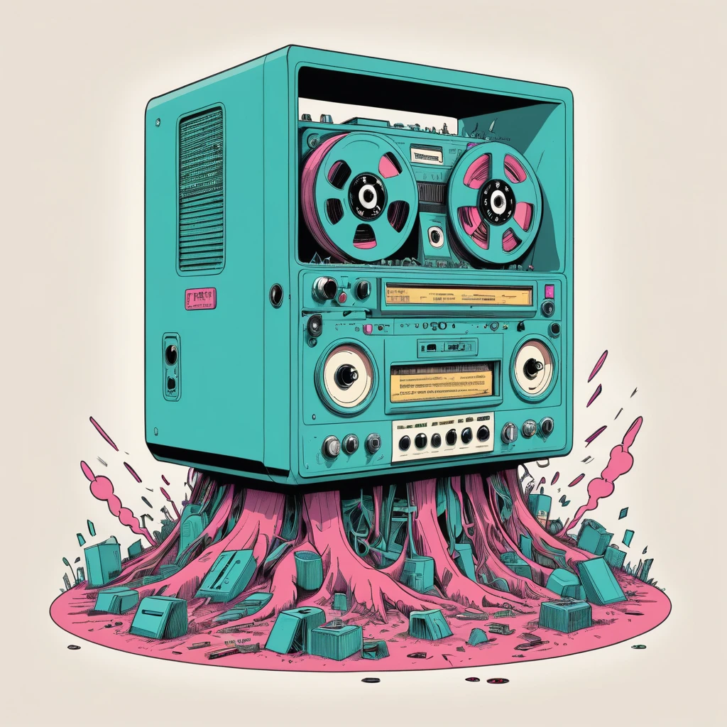 Destroy the giant tape recorder， [Egyptian Art|screen print] go through ([Zhou Fang:0.3]:1.3) , [Anime Line Art:0.2], [Hat Box:0.1], [[Greenism|Psychedelic Art]:0.1], Surrealism