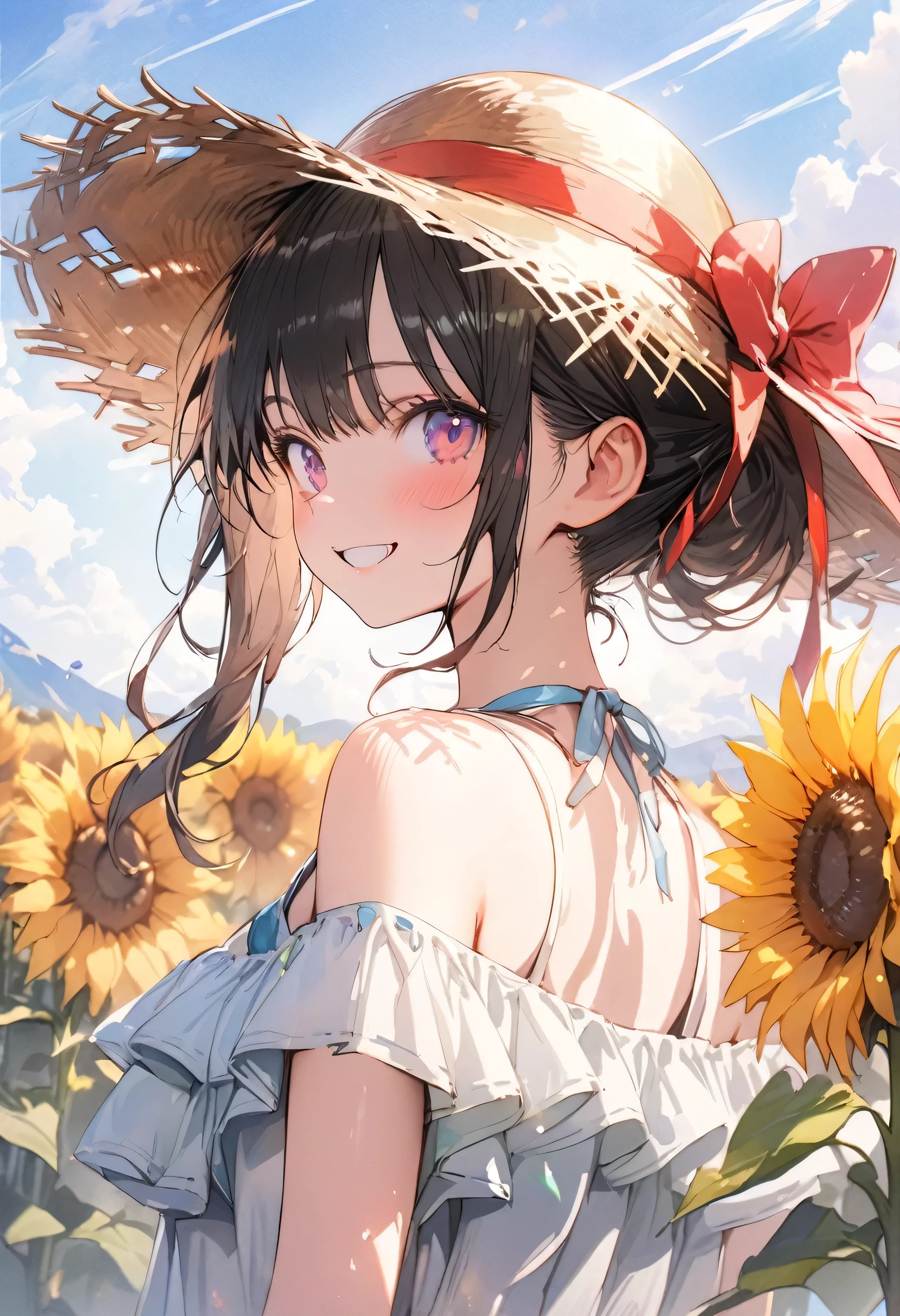 cute girl, wearing a off_shoulder wear, denim jeans, straw hat, smile, (masterpiece, best quality, highly detailed, ultra detailed, absurdres:1.3), (1girl, cute, charming, detailed beautiful face:1.3), (fantastic illustration, beautiful detail, best quality, top quality, high quality,  fain touch outline:1.3), watercolor, clear, beautiful detail, background sunflower field, blue sky, summer, beautiful detail, full body