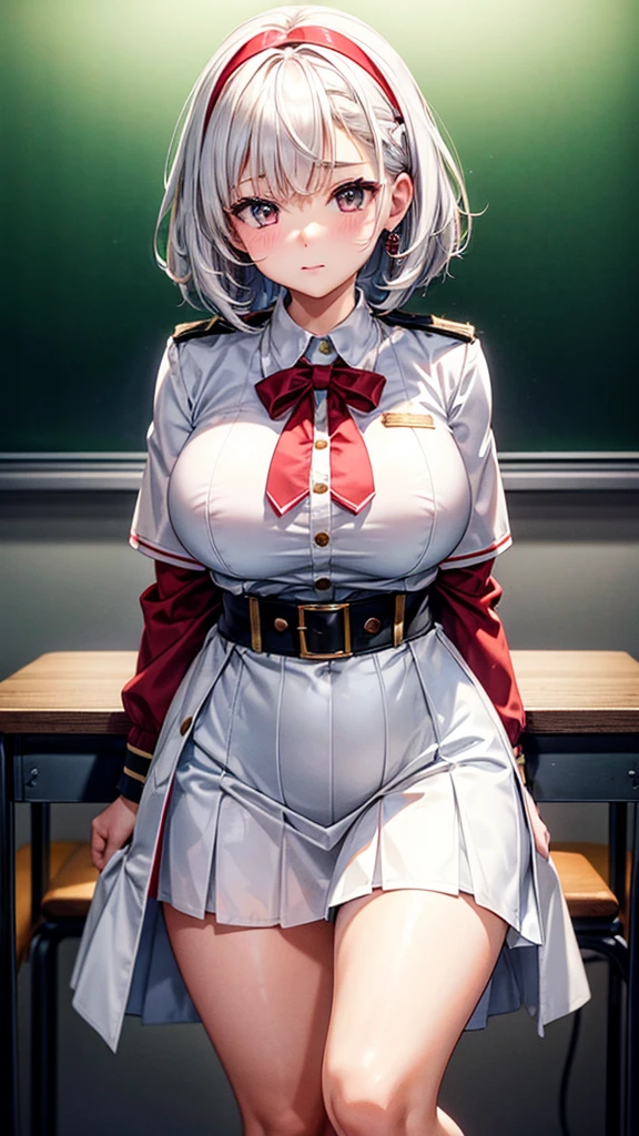 Female, height: 135 cm, weight: 50 KG, hip circumference: 80, waist circumference: 54, bust circumference: 73, face: oval face, hair color: white, eye color: red, clothing: white JK short skirt uniform, scene: classroom.