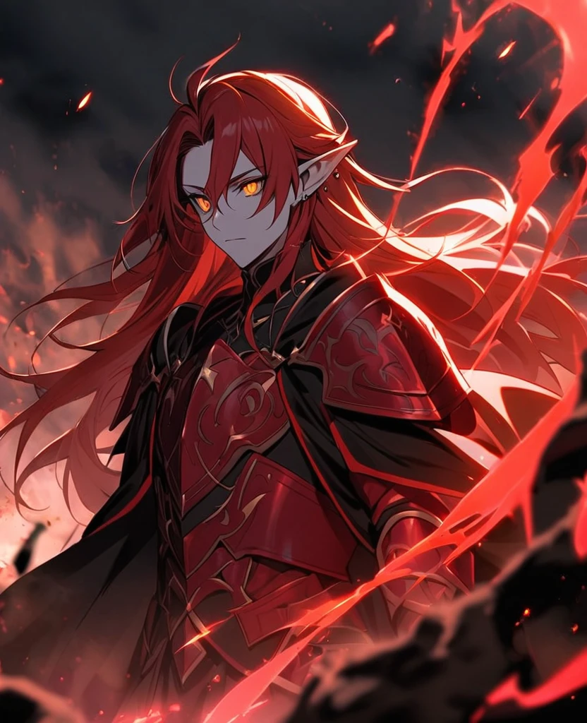 Male,5'4,pierced pointy ears,light skin,orange eyes, red ombre long hair half up half down,red and white armour ,dark magic,on a battlefield with darkness in his eyes as a dark magic aura surrounds him