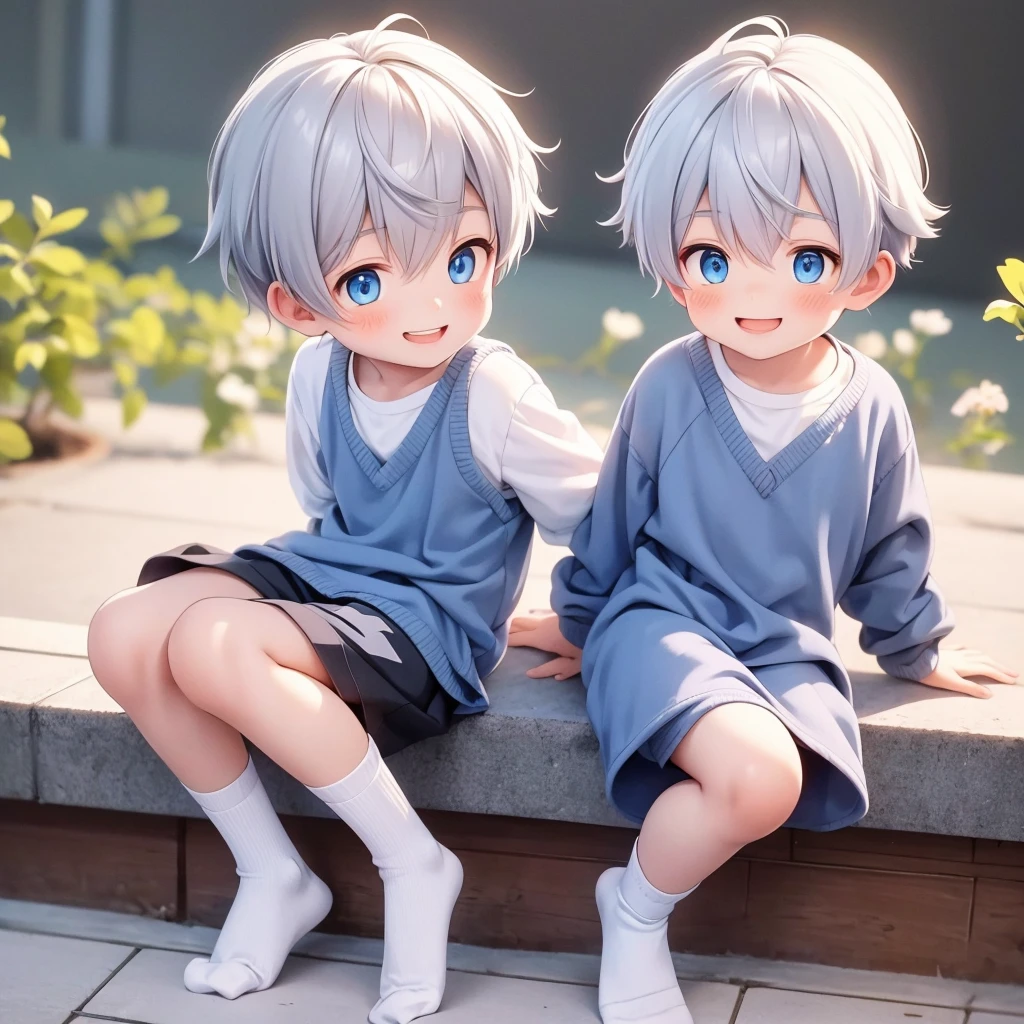 Cute short 8 year old boy with a cute smile of pleasure he is wearing cute socks he has blue eyes and white hair 