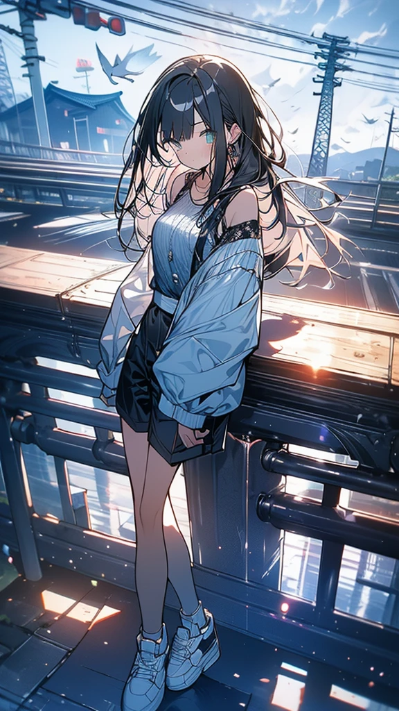 Exquisite detail,Highest quality, One girl, alone, handrail, cloud, Looking up at the buildings,Long Hair, zero, Long sleeve, Power lines, White footwear, Black Hair, View your viewers, Electric pole, bangs, cloudy zero, fish, bird, Green Eyes, Shorts, Day, Black Shirt, barefoot,Blue sky,Star,milky way,Pitch black,Buildings,Standing and looking up,Long Hair, Fuji Mountain,Long legs