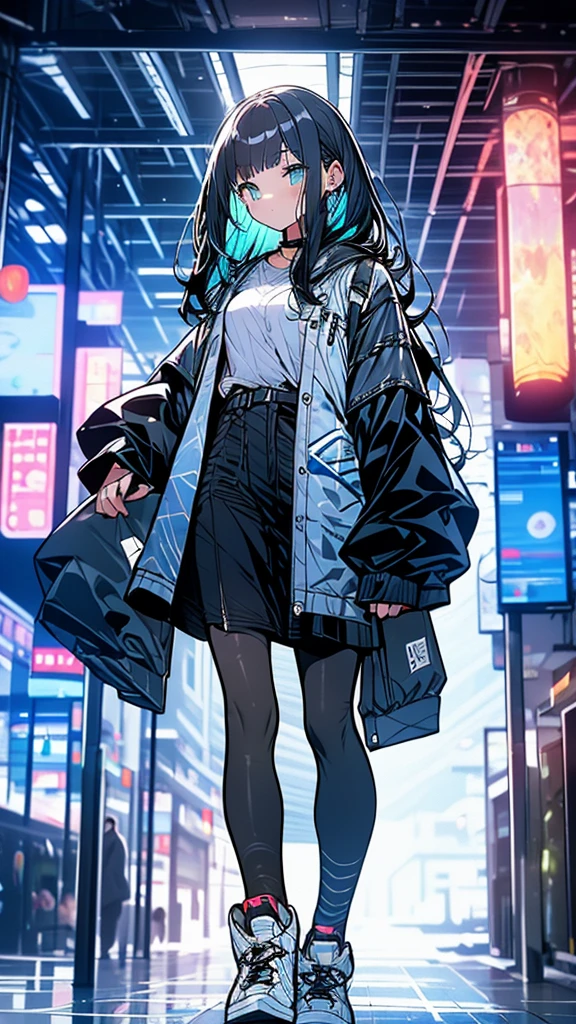 Exquisite detail,Highest quality, One girl, alone, handrail, cloud, Looking up at the buildings,Long Hair, zero, Long sleeve, Power lines, White footwear, Black Hair, View your viewers, Electric pole, bangs, cloudy zero, fish, bird, Green Eyes, Shorts, Day, Black Shirt, barefoot,Blue sky,Star,milky way,Pitch black,Buildings,Standing and looking up,Long Hair, Fuji Mountain,Long legs