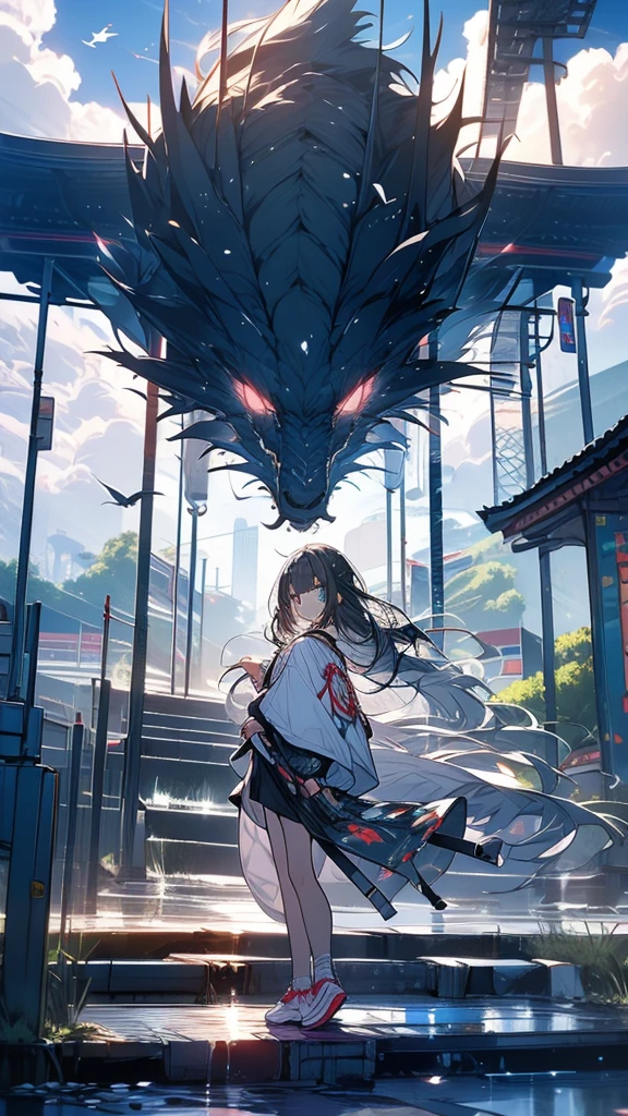 Exquisite detail,Highest quality, One girl, alone, handrail, cloud, Looking up at the buildings,Long Hair, zero, Long sleeve, Power lines, White footwear, Black Hair, View your viewers, Electric pole, bangs, cloudy zero, fish, bird, Green Eyes, Shorts, Day, Black Shirt, barefoot,Blue sky,Star,milky way,Pitch black,Buildings,Standing and looking up,Long Hair, Fuji Mountain,Long legs