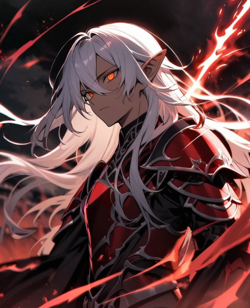 Male,5'4,pierced pointy ears,light skin,orange eyes, red long hair half up half down,red and white armour ,dark magic,on a battlefield with darkness in his eyes as a dark magic aura surrounds him